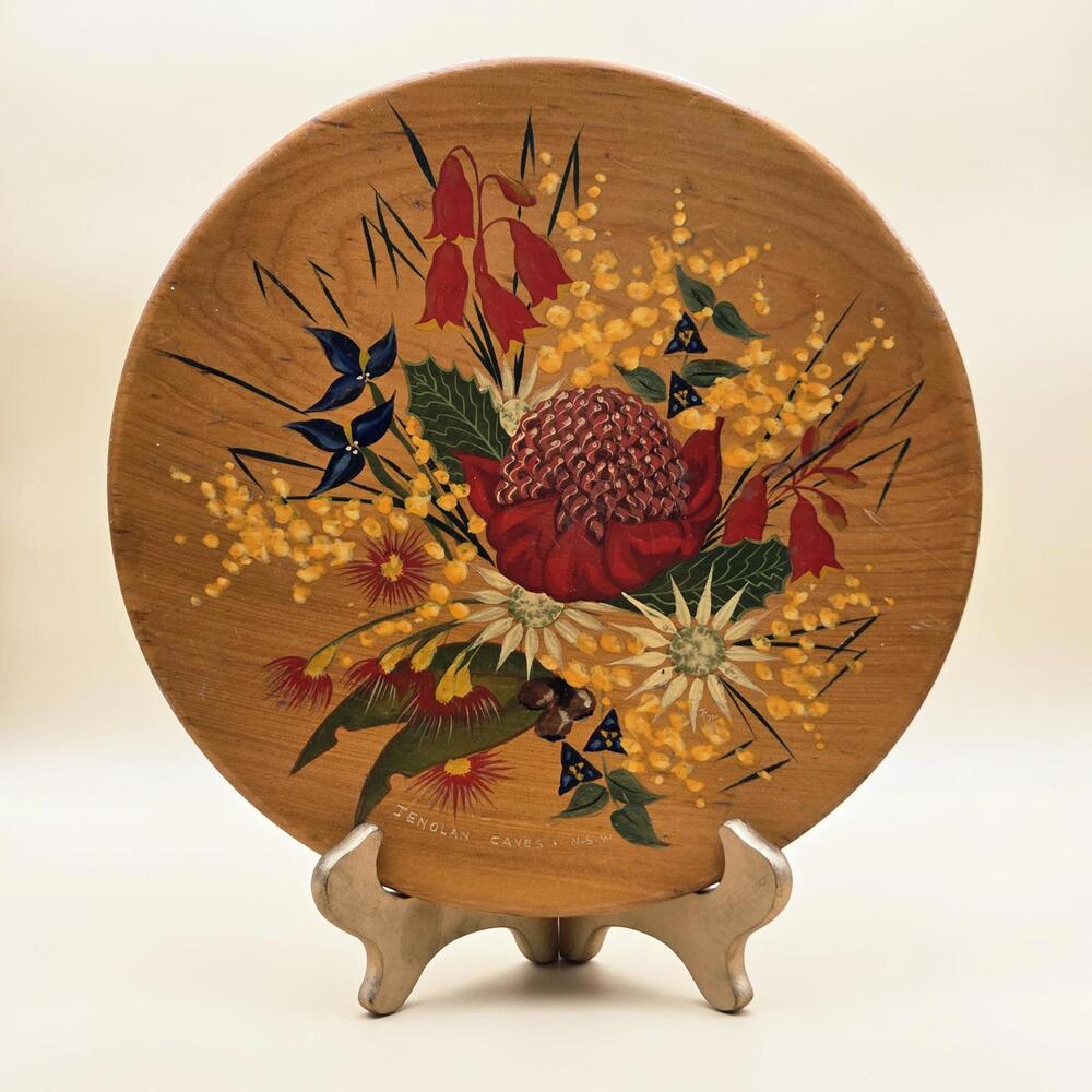 Vintage Hand Painted Wooden Plate – Australian Boho Floral Wall Hanging Art